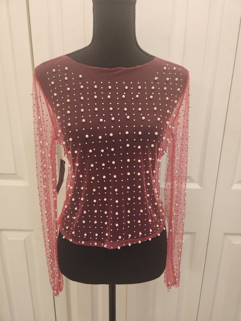 White Burch Pearl And Bling Embellished Barbie Pink Mesh Long-Sleeve Top